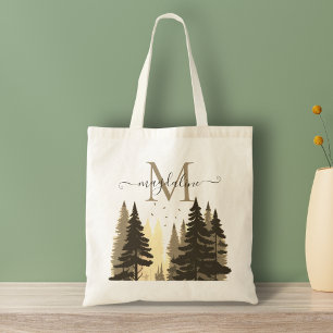 Tote Bag Pine Tree Forest Beige Nom du script Monogramme