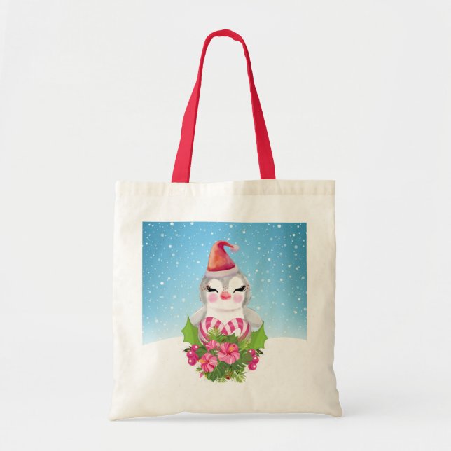 Tote Bag Pingouin de Noël mignon à Santa Hat (Devant)