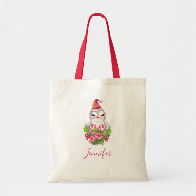Tote Bag Pingouin de Noël mignon à Santa Hat (Devant)