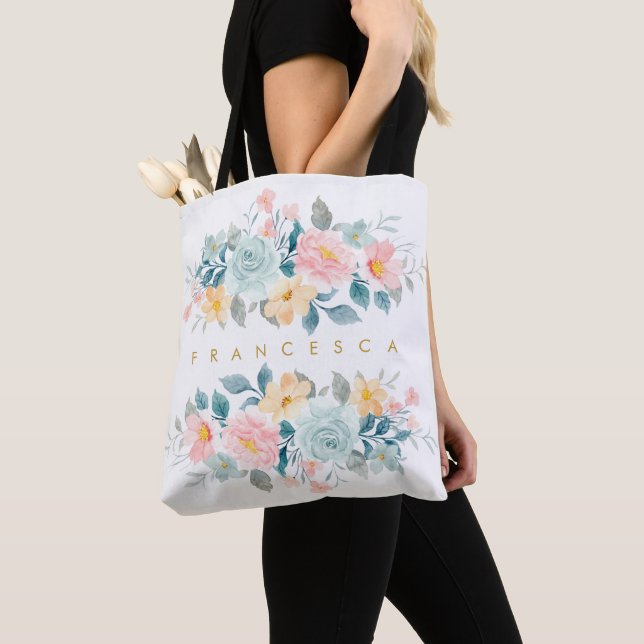 Tote Bag Pink Blue Spring Pastels Floral Aquarelle Nom (De près)