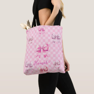 Tote Bag Pink Coquette Bow Checboard