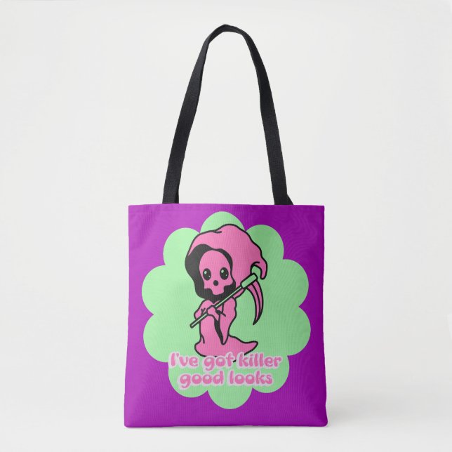 Tote Bag Pink Cute Éffrayante Grim Reaper Personnalisé (Devant)