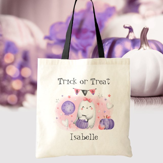 Tote Bag Pink Cute Ghost Trick ou Treat Halloween Nom (Cute Little Boo Pink Trick or Treat Halloween Tote Bag)