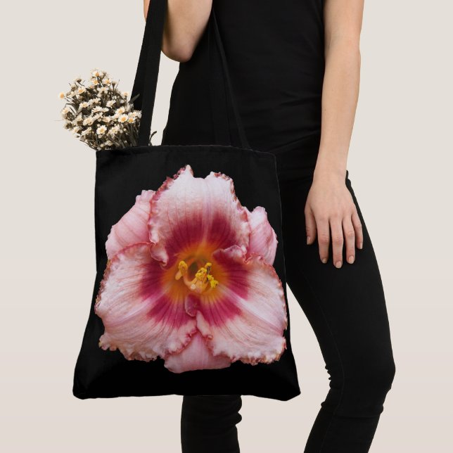 Tote Bag Pink Daylily Bloom sur Black Floral (De près)