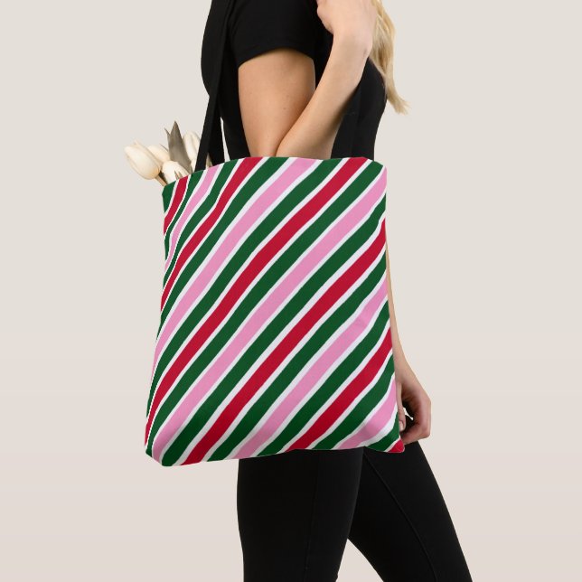 Tote Bag  Pink Green and Red Christmas Candy Cane Stripes  (De près)