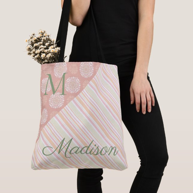Tote Bag Pink Green Trendy Floral Stripes Nom Monogramme (De près)
