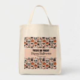 Tote Bag Pink Halloween Tricoter ou traiter Nom de famille