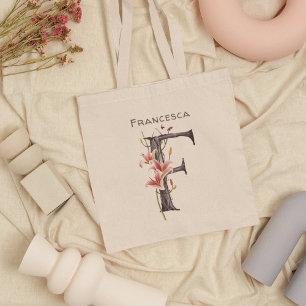 Tote Bag Pink Lilies Monogramme Lettre F Nom personnalisé