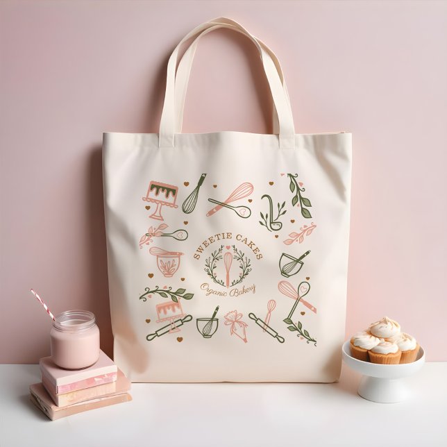 Tote Bag Pink & Olive Green Baking & Cuisine Ustensiles Bou (Pink & Olive Green Baking & Cooking Utensil Bakery Tote Bag)