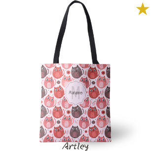 Tote Bag Pink Purple Cut Gros Chats Nom Monogramme