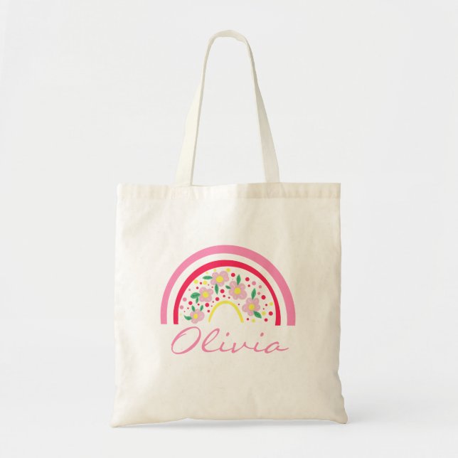 Tote Bag Pink Rainbow Floral Nom personnalisé (Devant)