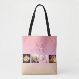 Tote Bag Pink rose or photo nom monogramme