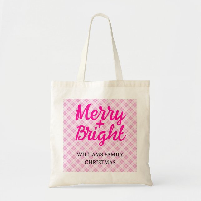 Tote Bag Pink tartan Christmas Merry Bright Family name (Devant)