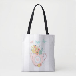 Tote Bag Pink Teapot with Flowers & Butterflies
