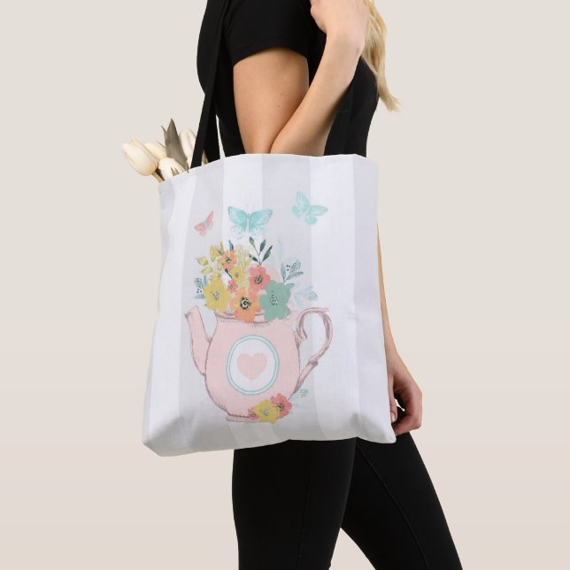 Tote Bag Pink Teapot with Flowers & Butterflies (De près)