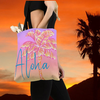 Tote Bag Pink Tropical Coucher de soleil Palm Tree Aloha Ex