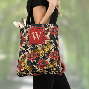 Tote Bag Pivoines Orange Papillons Dorés Initiales Vintage