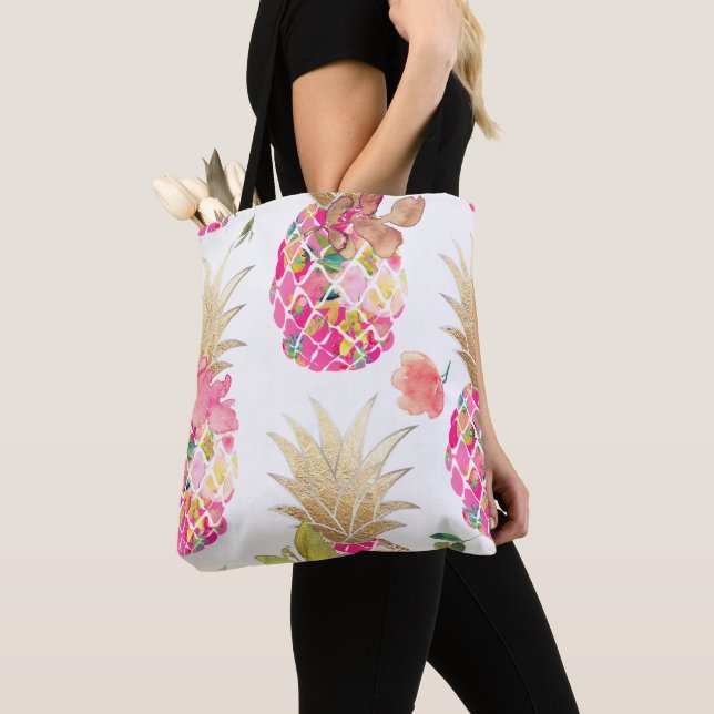 Tote Bag PixDezines Aloha Ananas+Aquarelle Florale (De près)