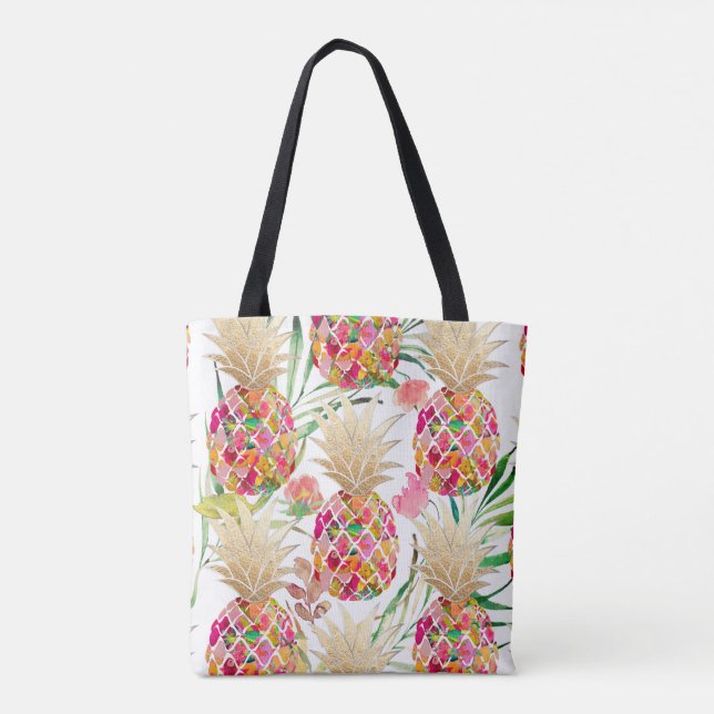 Tote Bag PixDezines Aloha Ananas+Fronds Palm Aquarelle (Dos)