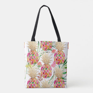 Tote Bag PixDezines Aloha Ananas + Palmiers Aquarelle