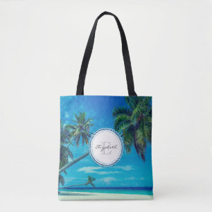Tote Bag Plage de sable blanc avec palmiers tropicaux Monog