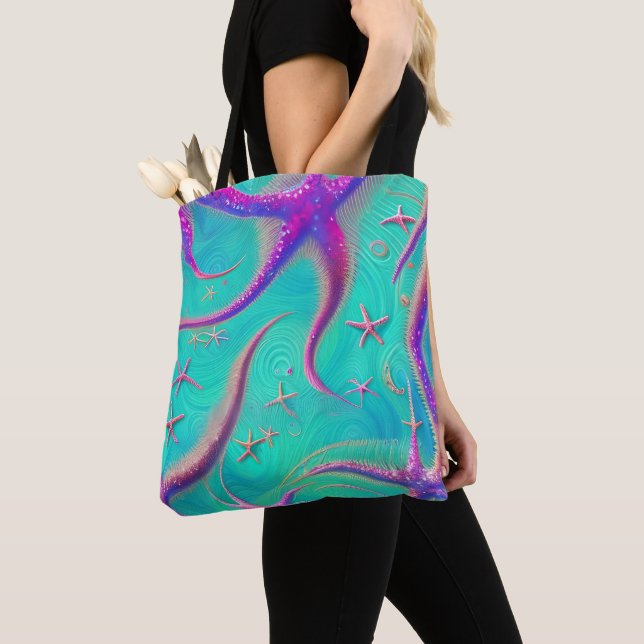Tote Bag Plage Thème Turquoise et pourpre Starfish (De près)