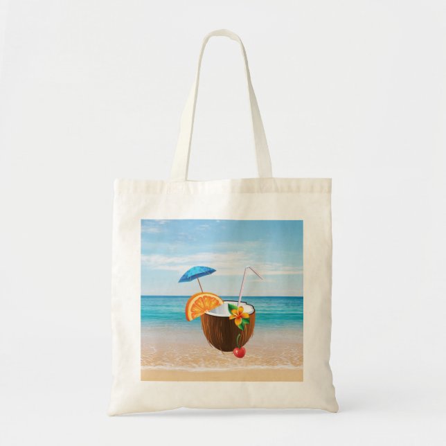 Tote Bag Plage tropicale, Ciel Bleu, Sable Océan, Cocktail  (Devant)