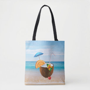 Tote Bag Plage tropicale, Ciel Bleu, Sable Océan, Cocktail 