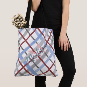 Tote Bag Plaid Blue Burgundy mignon Fille Nom Monogramme