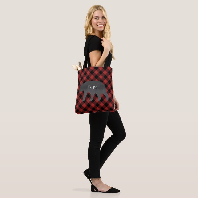 Tote Bag Plaid de Buffalo d'aquarelle d'ours noir (Sur le modèle)