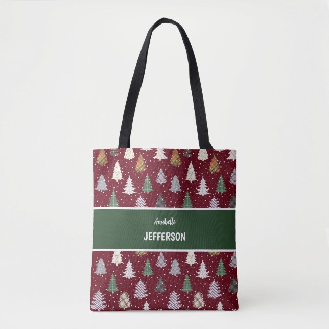 Tote Bag Plaid Green Christmas Trees motif Monogramme (Devant)