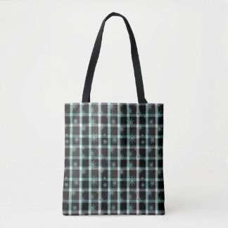 Tote Bag Plaid noir et bleu avec des flocons de neige