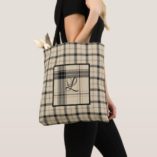 Tote Bag Plaid noir et crème personnalisé