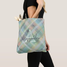 Plaid pastel monogrammé vert gris jaune sarcelle