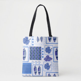 Tote Bag Planche de surf tropicale bleue motif hibiscus