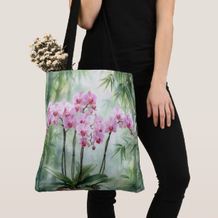 Tote Bag Plante d'orchidée rose sur fond de bambou