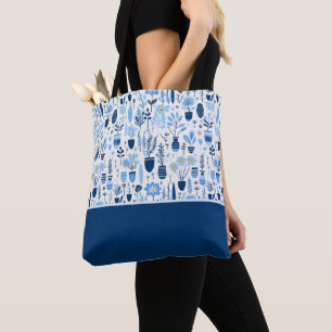 Tote Bag Plantes en conteneur Bleu, Blanc, Jaune, Bloc de C