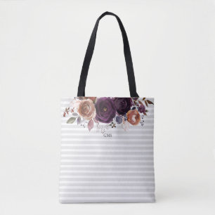 Tote Bag Plum pourpre et monogramme floral bordeaux