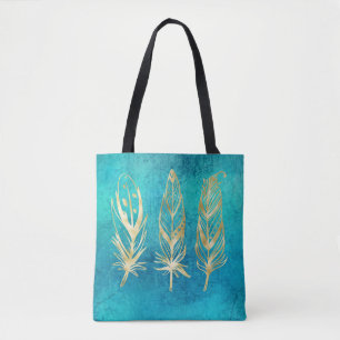 Tote Bag Plumes bleu et or turquoise
