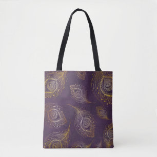Tote Bag Plumes de paon or, arrière - plan violet.