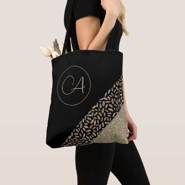Tote Bag Plumes d'or sur Monogramme noir (De près)