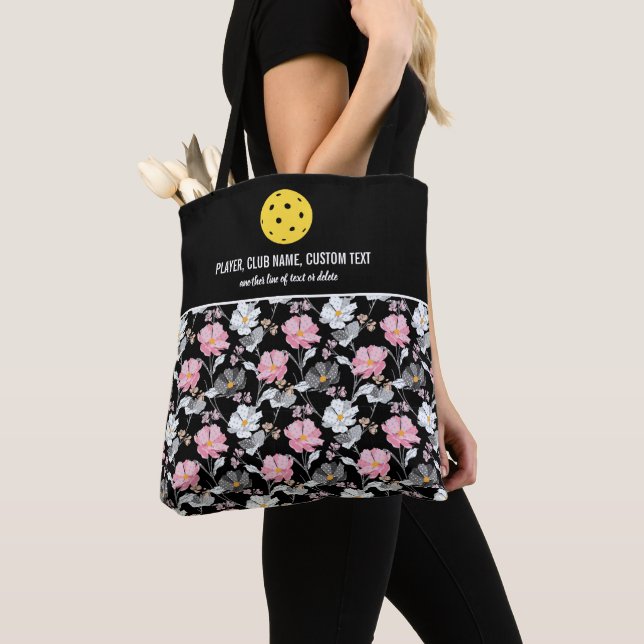 Tote Bag Plutôt Rose Blanc Floral Personnalisé Pickleball P (De près)