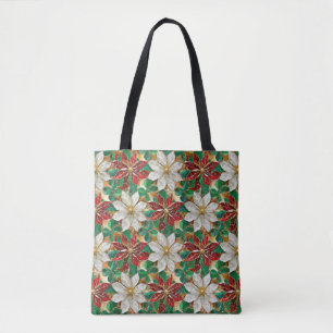 Tote Bag Poinsététie blanche rouge vert or