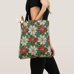 Tote Bag Poinsettia Blanc Rouge Vert Or