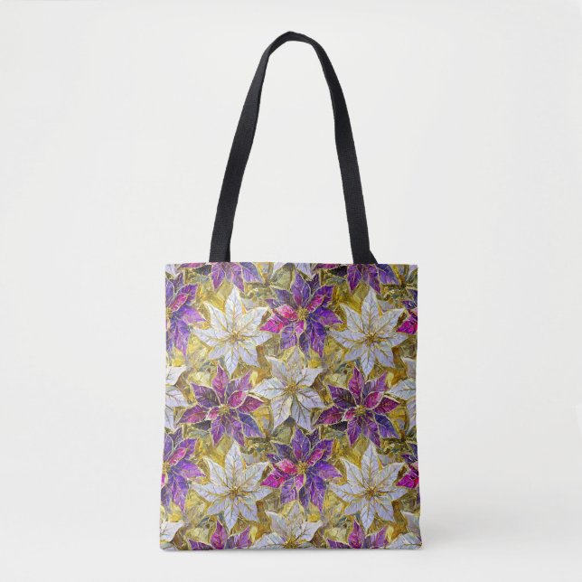 Tote Bag Poinsettias de Noël blanc or violet rose (Devant)