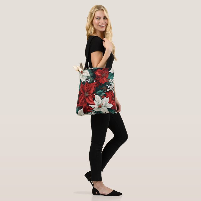 Tote Bag Poinsettias, rouge et blanc, (Sur le modèle)