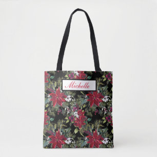 Tote Bag Poinsettias rouges et fleurs blanches sur noir