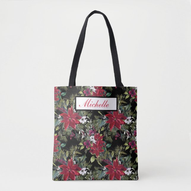Tote Bag Poinsettias rouges et fleurs blanches sur noir (Devant)