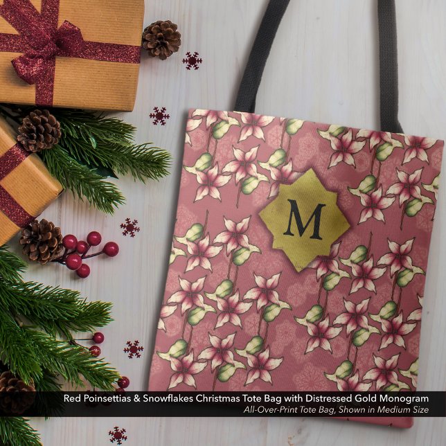 Tote Bag Poinsettias rouges et flocons de neige Monogramme  (Red Poinsettias & Snowflakes Christmas Tote Bag Monogram with Distressed Gold Monogram)