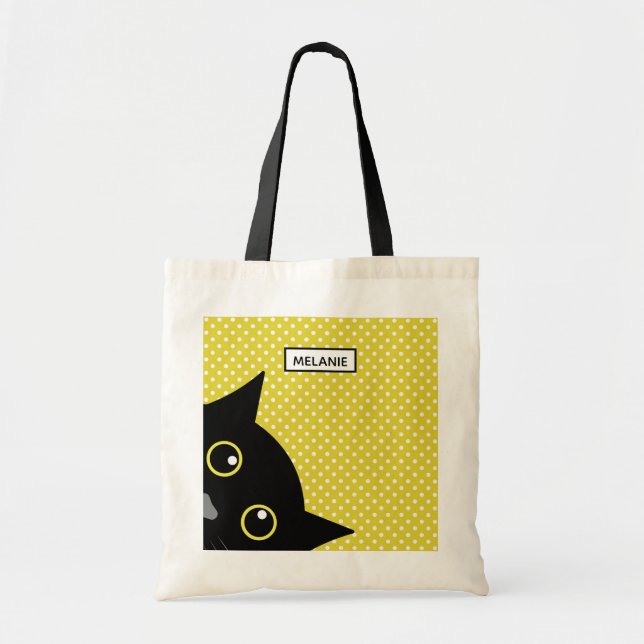 Tote Bag Point de polka curieux de jaune de chat noir (Devant)